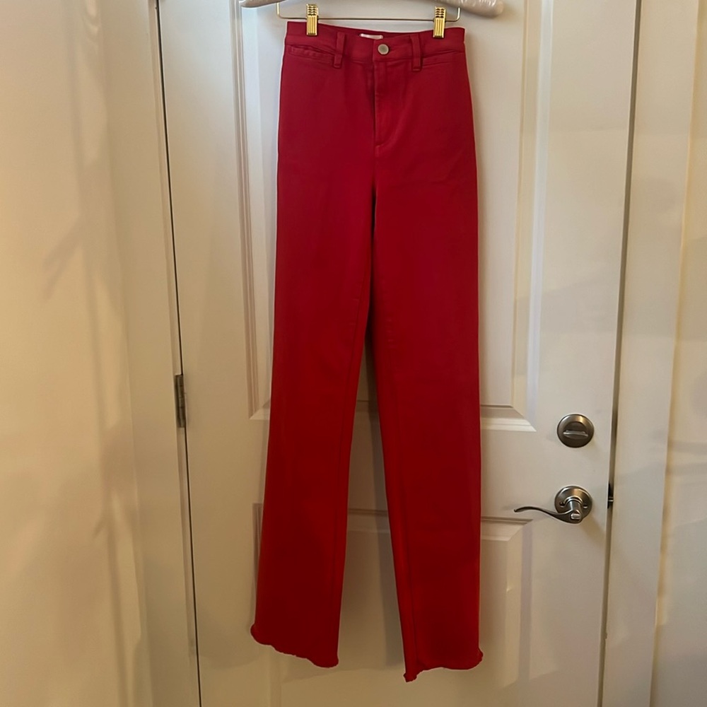 Alice & Olivia high-rise wide leg raw hem red denim size 24